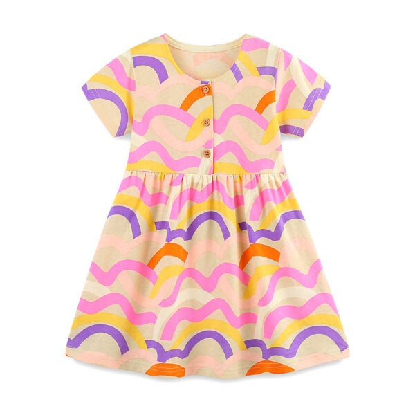 Summer Pure Cotton Waves Pattern Short Sleeves Dress for Stylish Girls
