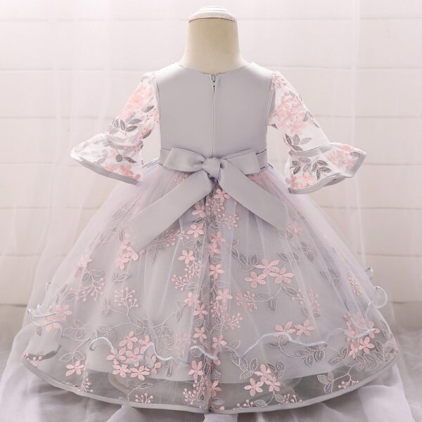 Baby Girl Embroidered Pattern Medium Sleeves One Year Old Tutu Formal Dress - Image 3