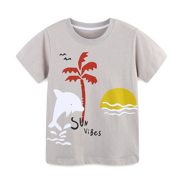 Summer Boys’ Sunset and Dolphin Cartoon Pattern T-shirt in European and American Style - Image 4