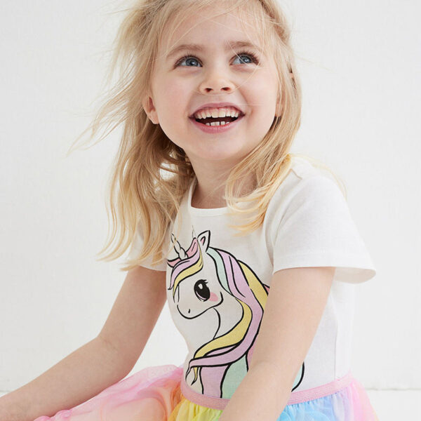 Baby Girls Short Sleeves Unicorn Printing Tulle Dress - Image 3