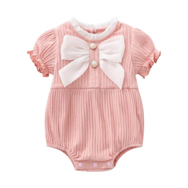 Baby Girls Solid Color Lace Design Puff-Sleeved Fashion Onesies With Bow Decoration In Summer - Image 13