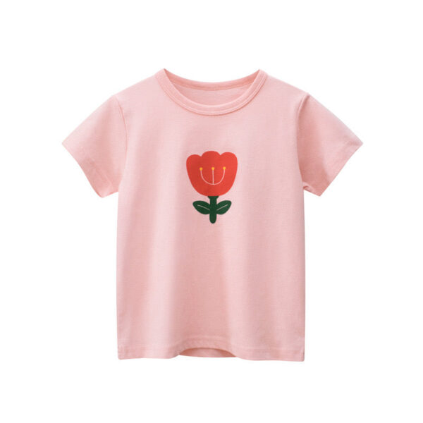 Baby Girl Floral Print Solid Color O-Neck Short Sleeved T-Shirt - Image 4
