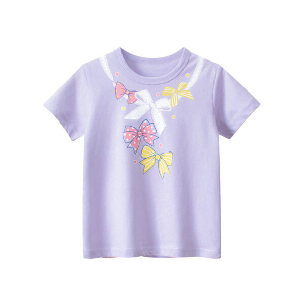 Baby Girl Solid Color Bow Tie Pattern Short Sleeve Tee - Image 5