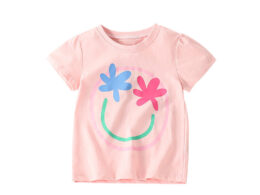 Summer Arrival Girls’ Flowers and Smiling Face Pattern Short Sleeves T-shirt in European and American Style