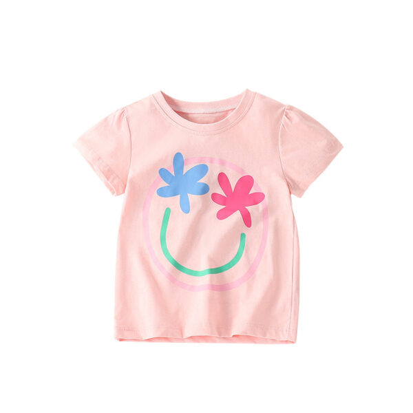 Summer Arrival Girls’ Flowers and Smiling Face Pattern Short Sleeves T-shirt in European and American Style - Image 9