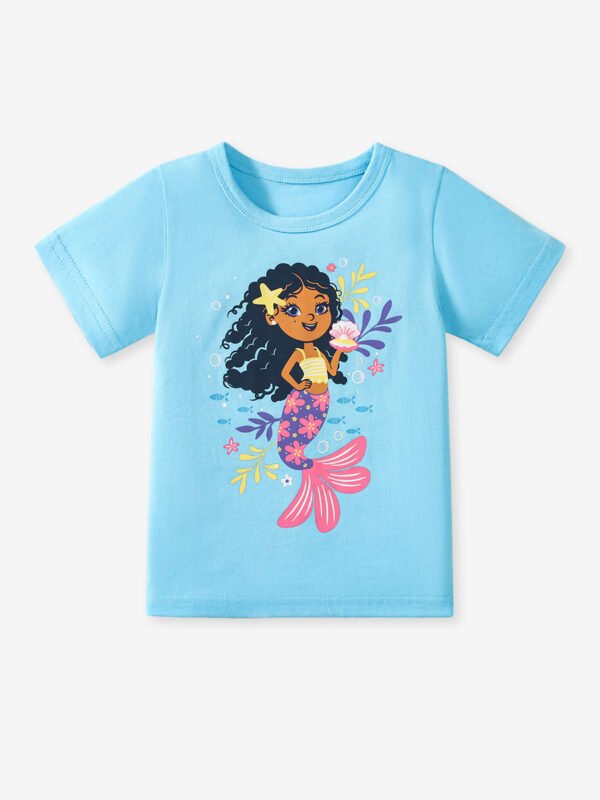 Kids’ Mermaid Cartoon Pattern Short Sleeves T-shirt in European and American Style for Summer - Image 3