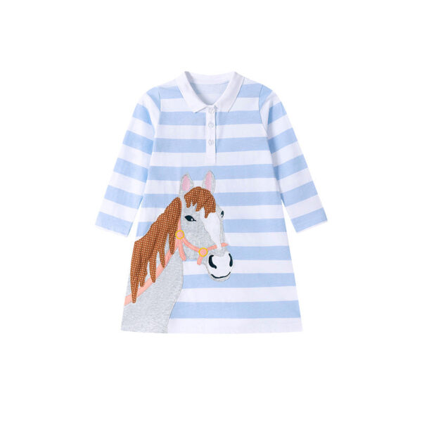 Autumn Arrival Cartoon Animals and Striped Pattern Long Sleeves Turn-down Collar Dress for Stylish Girls - Image 5
