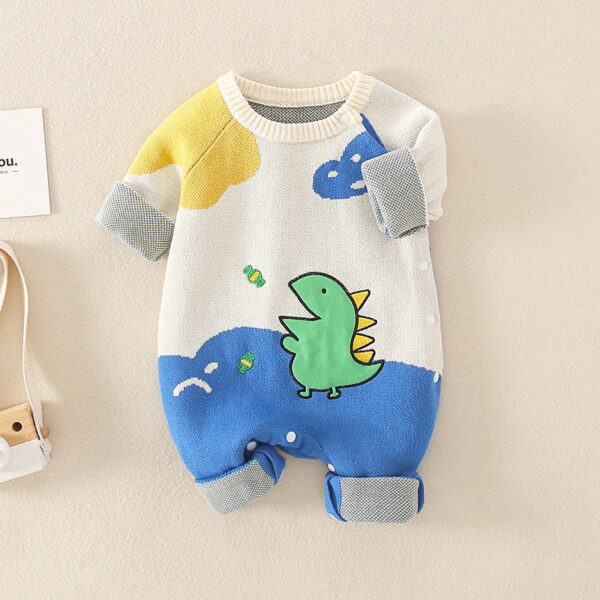 Baby Dinosaur Pattern Colorblock Design Cute Knit Romper - Image 4