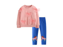 Spring and Autumn Girls Butterfly-bows Decorated Long Sleeves Pullover and Cartoon Pants Clothing Set