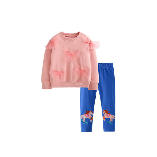 Spring and Autumn Girls Butterfly-bows Decorated Long Sleeves Pullover and Cartoon Pants Clothing Set - Image 7