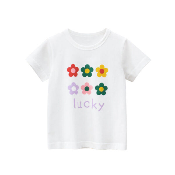 Baby Girl Floral Print Solid Color O-Neck Short Sleeved T-Shirt - Image 5