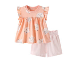 Summer Baby Kids Cartoon Leopards Pattern Top and Pink Shorts Clothing Set for Girls