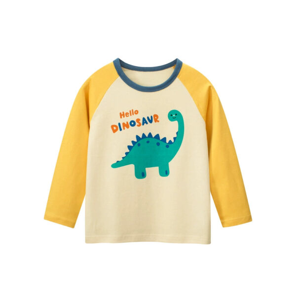 Autumn Baby Kids Unisex Letters and Dinosaur Print Color Patchwork Long Sleeves Crew Neck Base Top Shirt - Image 2