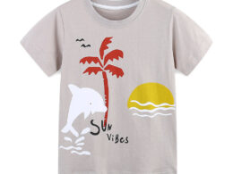 Summer Boys’ Sunset and Dolphin Cartoon Pattern T-shirt in European and American Style