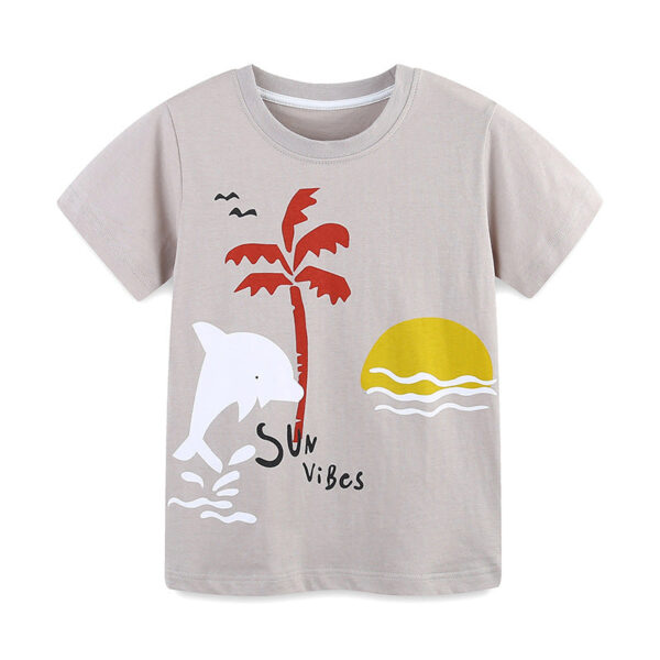 Summer Boys’ Sunset and Dolphin Cartoon Pattern T-shirt in European and American Style - Image 9
