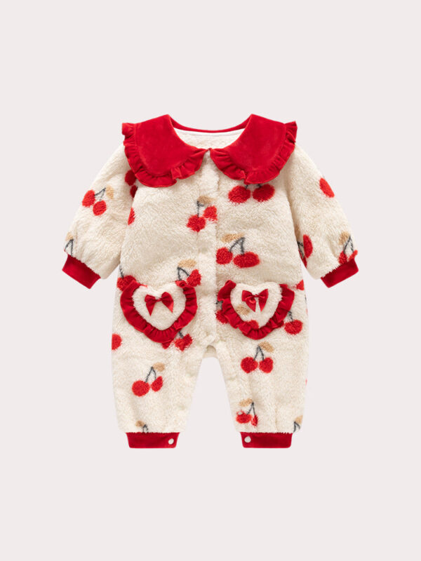 Autumn and Winter Arrival Baby Girls Cherry Pattern Polar Fleece Rompers - Image 8