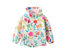 Arrival European and American Style Girls’ Hooded Zip-up Colorful Flowers Pattern Coat with Long Sleeves