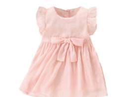 Summer New Arrival Girls’ Simple Plain Pink Short Sleeves Bow Tied Dress