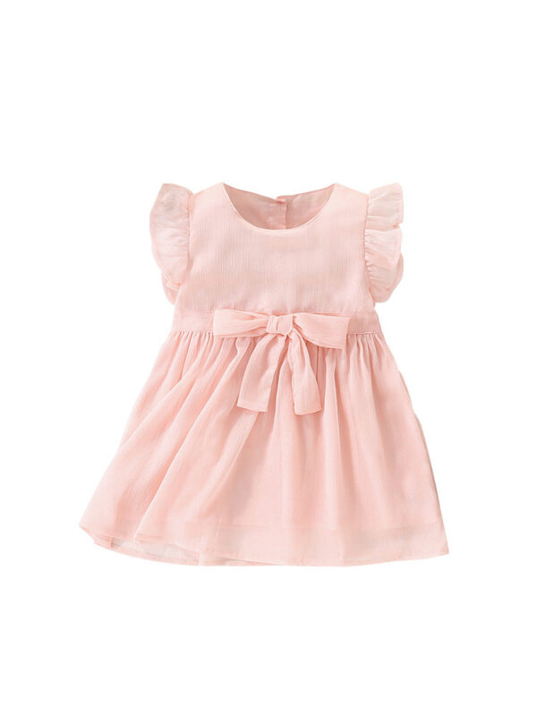 Summer New Arrival Girls’ Simple Plain Pink Short Sleeves Bow Tied Dress - Image 10