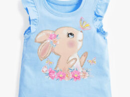Crew Neck Rabbit Cartoon Print Ruffle Sleeveless Girls’ T-Shirt