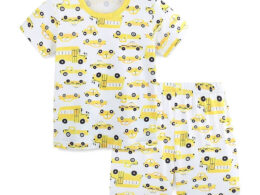 Summer Baby Kids Cartoon School Bus and Taxi Pattern T-shirt and Shorts Clothing Set for Boys