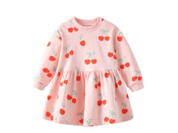 Autumn Arrival Kids Girls Cherry Pattern Long Sleeves Crew Neck Dress