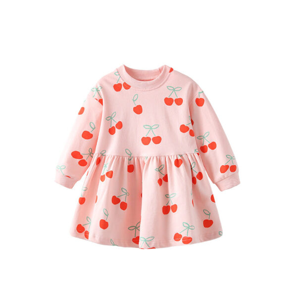 Autumn Arrival Kids Girls Cherry Pattern Long Sleeves Crew Neck Dress - Image 10