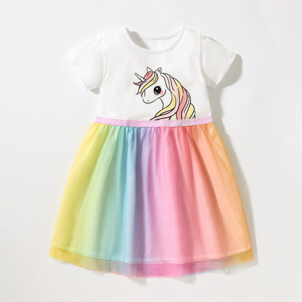Baby Girls Short Sleeves Unicorn Printing Tulle Dress - Image 4