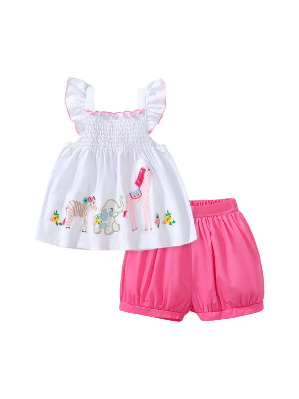 Girls Animals Cartoon Pattern Dress And Pink Shorts Set - Image 2