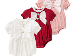 Baby Girls Solid Color Lace Design Puff-Sleeved Fashion Onesies With Bow Decoration In Summer