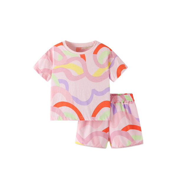 Summer Baby Kids Colorful Curves Pattern T-shirt and Shorts Clothing Set for Girls - Image 7