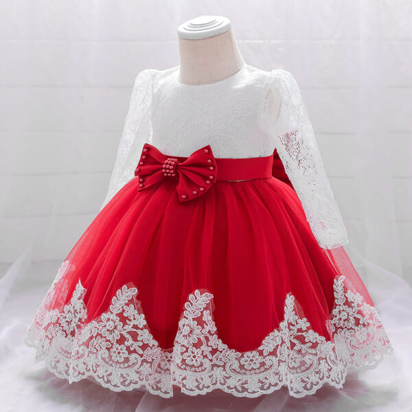 Baby Girl Bow Patched Design Long Sleeves Full Moon Christening Mesh Formal Dress - Image 15