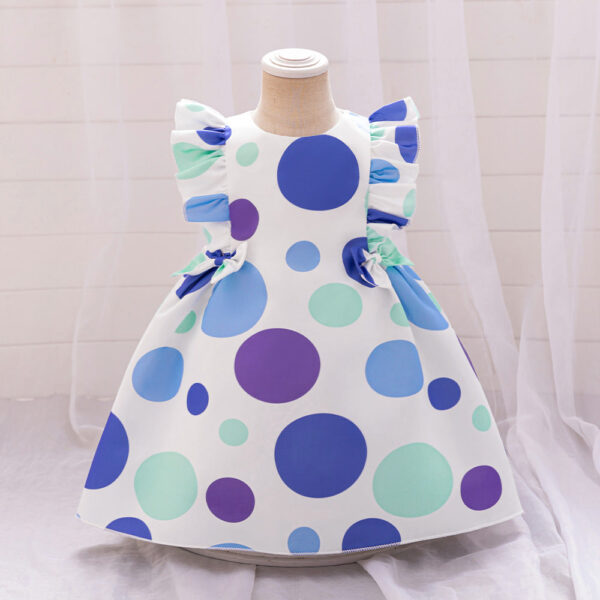 Summer Baby Kids Girls Fly Sleeves Crew Neck Fashion Polka Dots Dress - Image 4