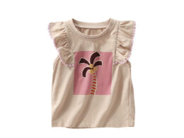 Summer Arrival Girls’ Palm Tree Cartoon Pattern Fly Sleeves T-shirt in European and American Style
