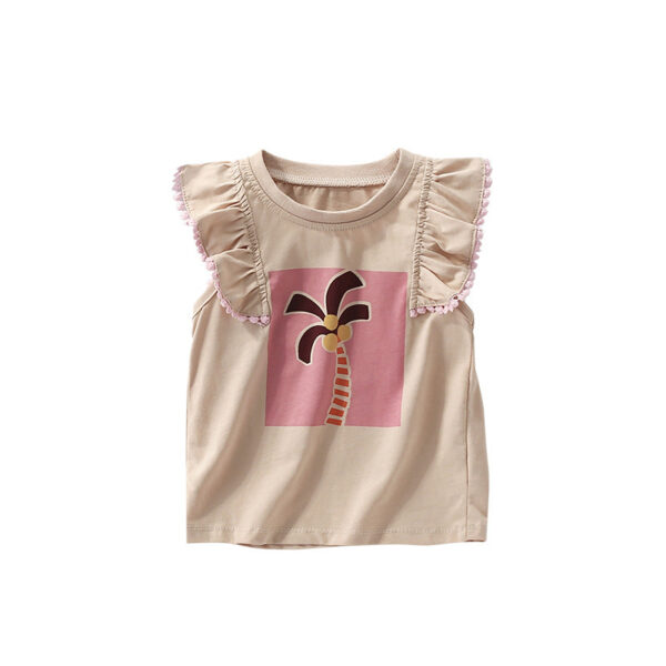 Summer Arrival Girls’ Palm Tree Cartoon Pattern Fly Sleeves T-shirt in European and American Style - Image 11
