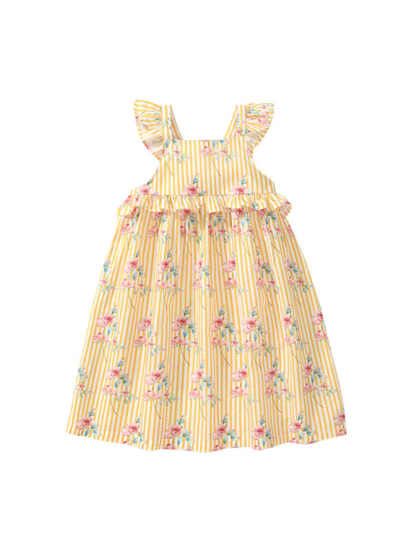 New Design Summer Girls Sleeveless Flowers Print Yellow Striped Strap Dress - Image 11