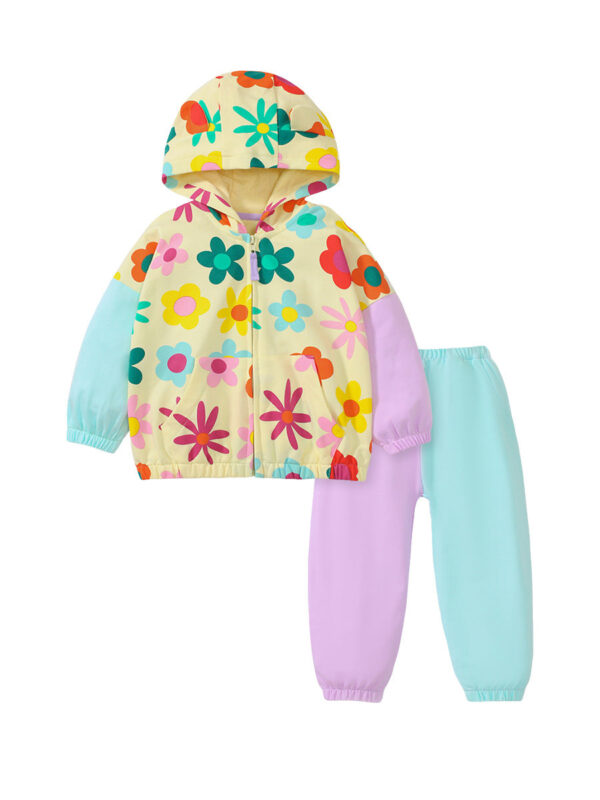 High Quality Spring And Autumn Girls Colorful Flowers Pattern Color Patchwork Long Sleeves Top Hoodie And Pants Clothing Set - Image 6