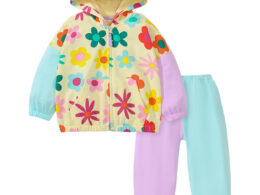 High Quality Spring And Autumn Girls Colorful Flowers Pattern Color Patchwork Long Sleeves Top Hoodie And Pants Clothing Set