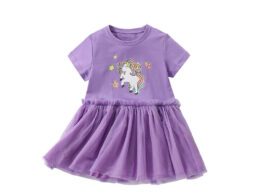 Summer Arrival Horse Cartoon Pattern Short Sleeves Tulle Design Cute Dress for Stylish Girls