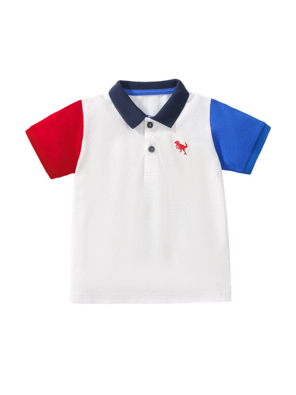 Summer New Design Kids Boys Dinosaur Logo Short Sleeves Color Patchwork Polo Shirt - Image 2