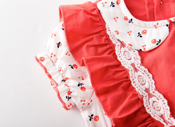 Baby Girl Floral Print Lace Patchwork Ruffle Design Doll-Neck Onesies - Image 5