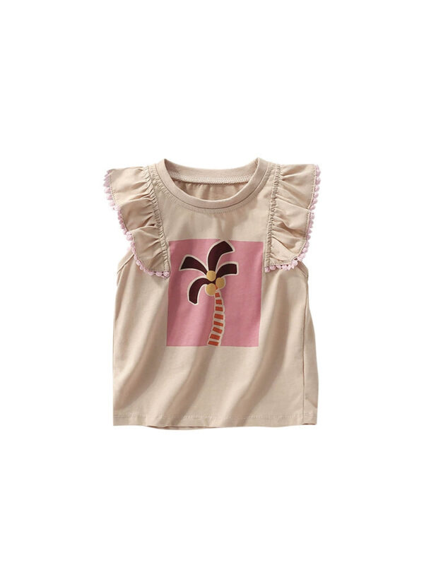 Summer Arrival Girls’ Palm Tree Cartoon Pattern Fly Sleeves T-shirt in European and American Style - Image 5