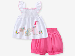 Girls Animals Cartoon Pattern Dress And Pink Shorts Set