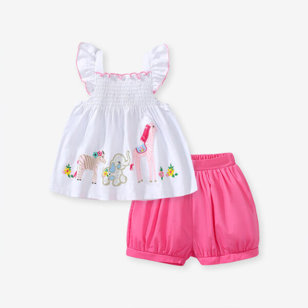 Girls Animals Cartoon Pattern Dress And Pink Shorts Set - Image 9