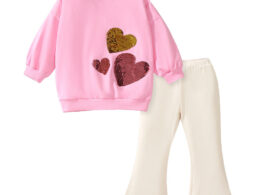 Arrival Spring And Autumn Girls Fashion Sequin Heart Long Sleeves Top T-Shirt And Flared Pants Clothing Set