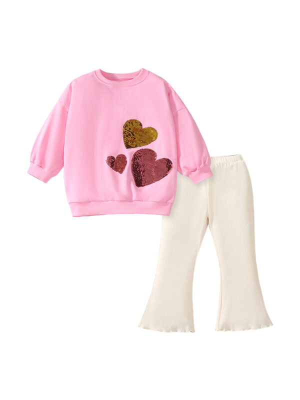 Arrival Spring And Autumn Girls Fashion Sequin Heart Long Sleeves Top T-Shirt And Flared Pants Clothing Set - Image 9
