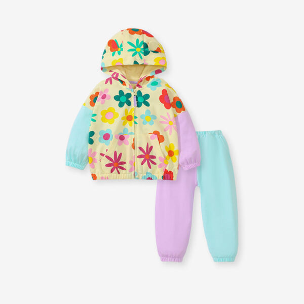 High Quality Spring And Autumn Girls Colorful Flowers Pattern Color Patchwork Long Sleeves Top Hoodie And Pants Clothing Set - Image 2