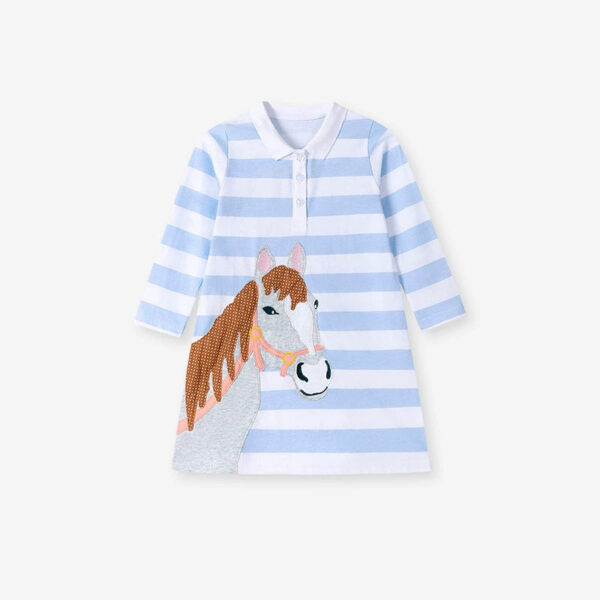 Autumn Arrival Cartoon Animals and Striped Pattern Long Sleeves Turn-down Collar Dress for Stylish Girls - Image 7