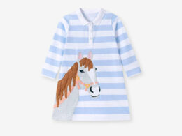 Autumn Arrival Cartoon Animals and Striped Pattern Long Sleeves Turn-down Collar Dress for Stylish Girls