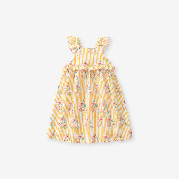 New Design Summer Girls Sleeveless Flowers Print Yellow Striped Strap Dress - Image 2